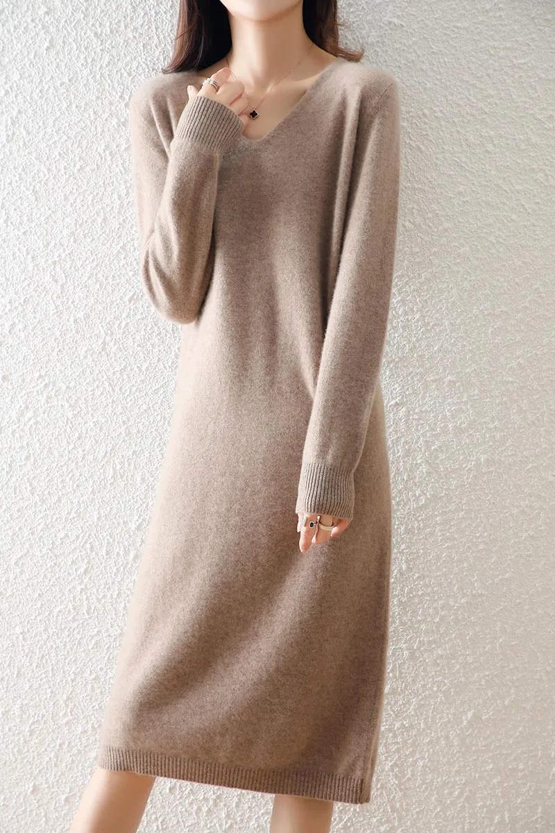 

Women's Merino Wool Sweater Dress, V-Neck, Monochromatic, Long Pullover, Top, Official, Autumn, Winter, New, 100%