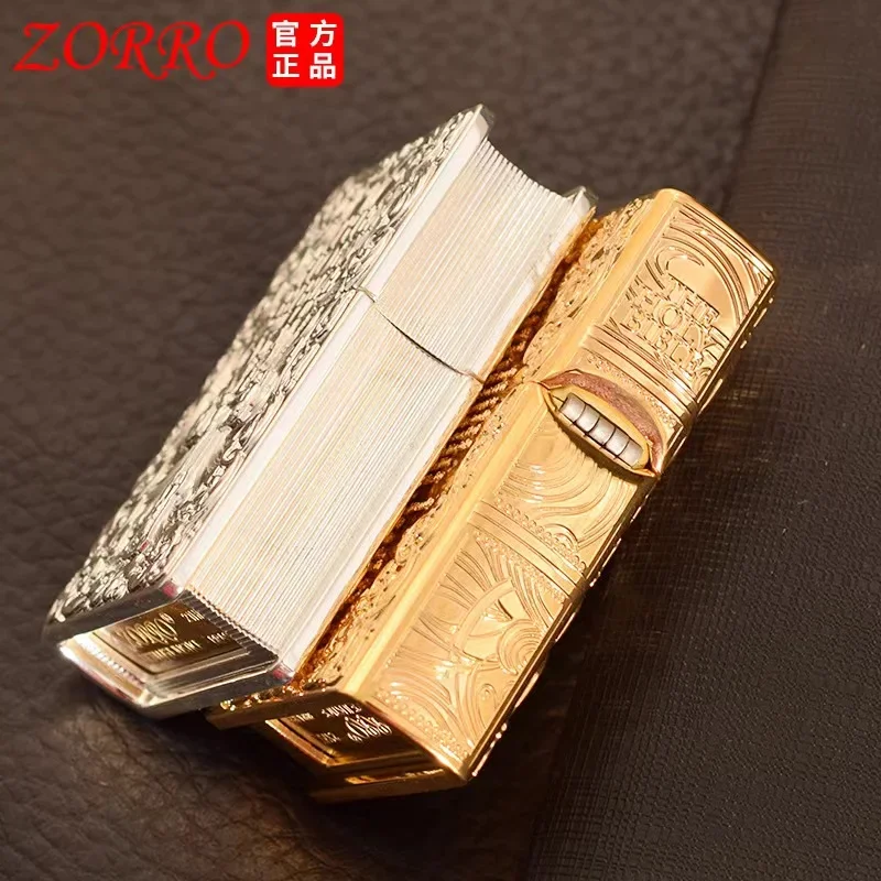 ZORRO Armor Bible Embossed Pure Copper Kerosene Lighter Classic Grinding Wheel Ignition Windproof Cigarette Accessories Gadgets