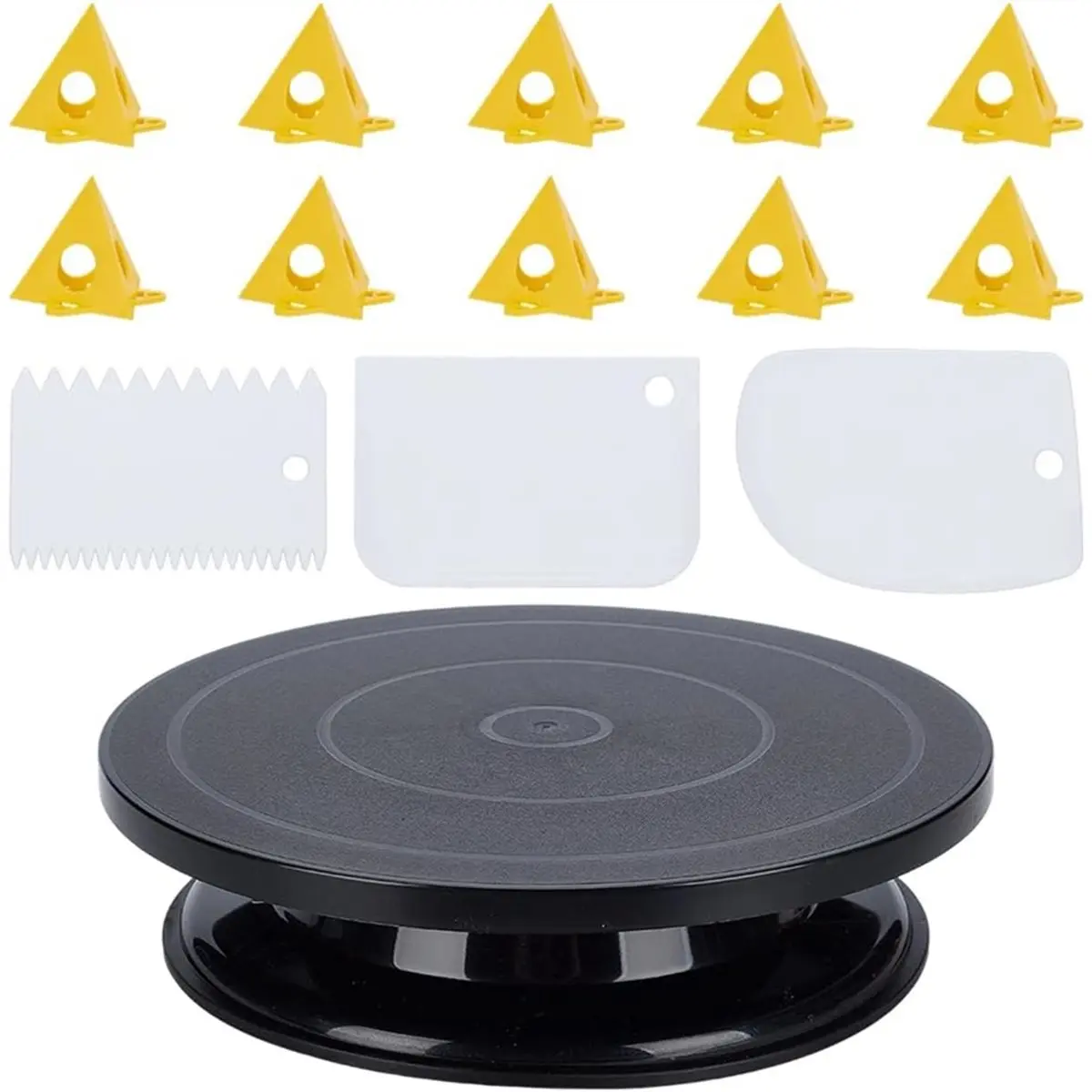 2026 Trend 11 Inch Rotate Turntable Sculpting Wheel, with 3Pcs Baking Scraper and 10 Pcs Yellow Stand for Paint Spraying Spinner