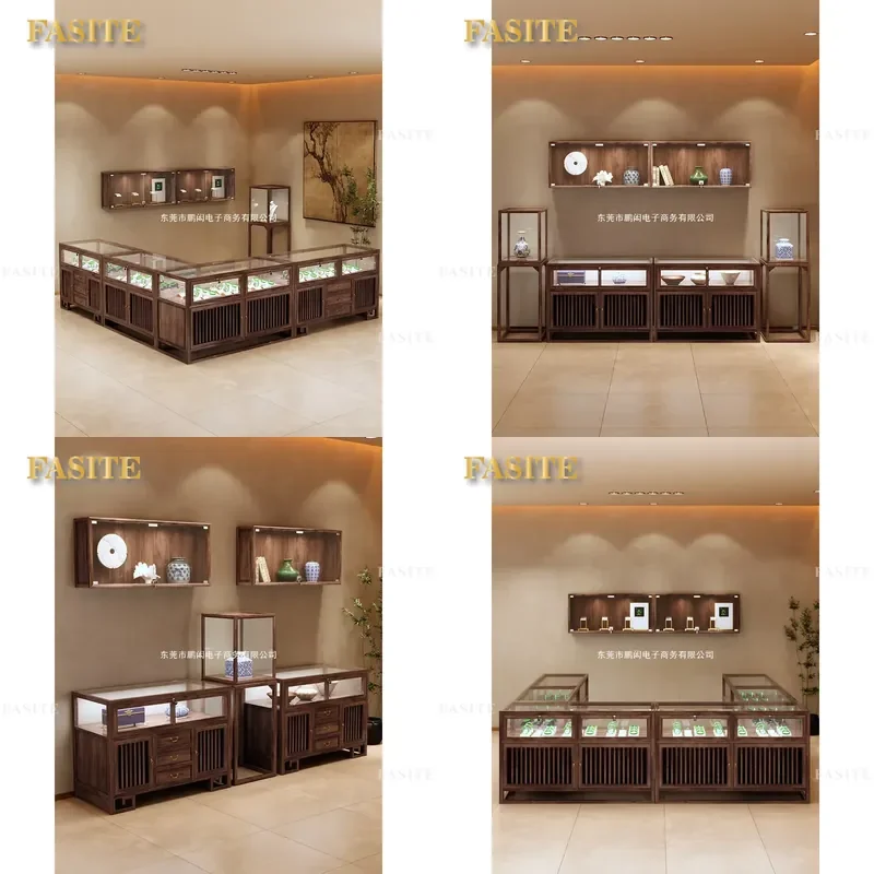 For Solid Wood Jewelry Display Cabinet New Chinese Style Glass Showcase Counter for Jadeite Jade Exhibition Retail Store