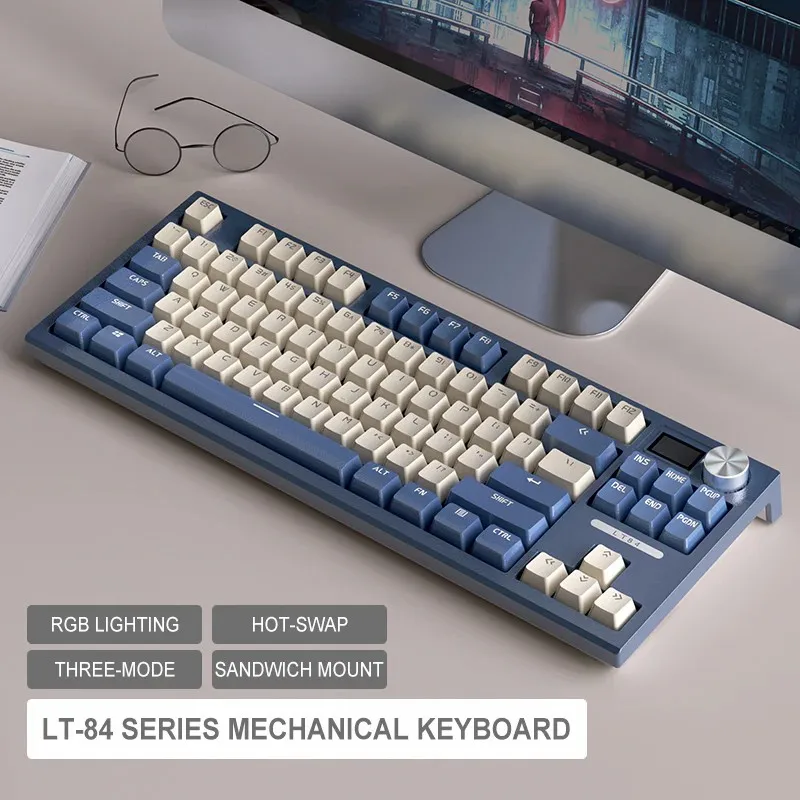 Langtu LT84 Keyboard mekanis, TKL 84 tombol PBT kunci dapat diisi ulang RGB nirkabel tri-mode saklar udara laut dengan kenop dan tampilan