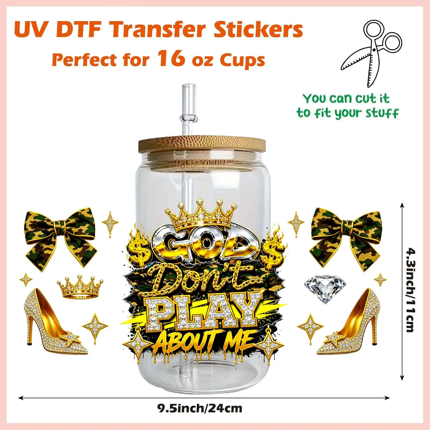 1/5PCS God Bless You Rub On 16oz Uvdtf Sticker waterproof DIY Decals 3D transfers uvdtf tumbler stickers 16oz uv dtf cup wraps