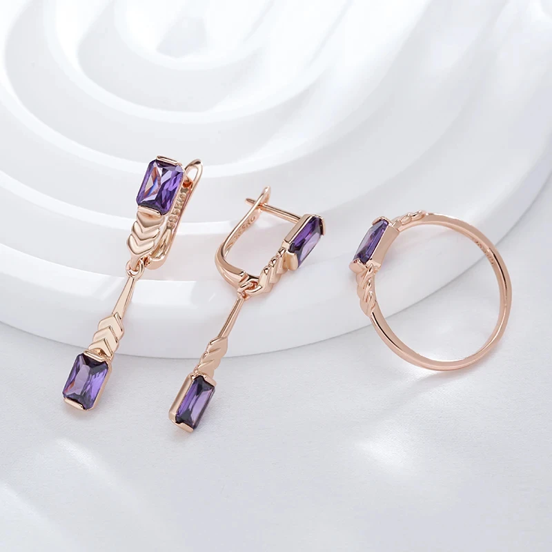 Wbmqda Fashion Square Purple Natural Zircon Earrings Rings For Women 585 Rose Gold Color High Quality Daily Party Jewelry Sets