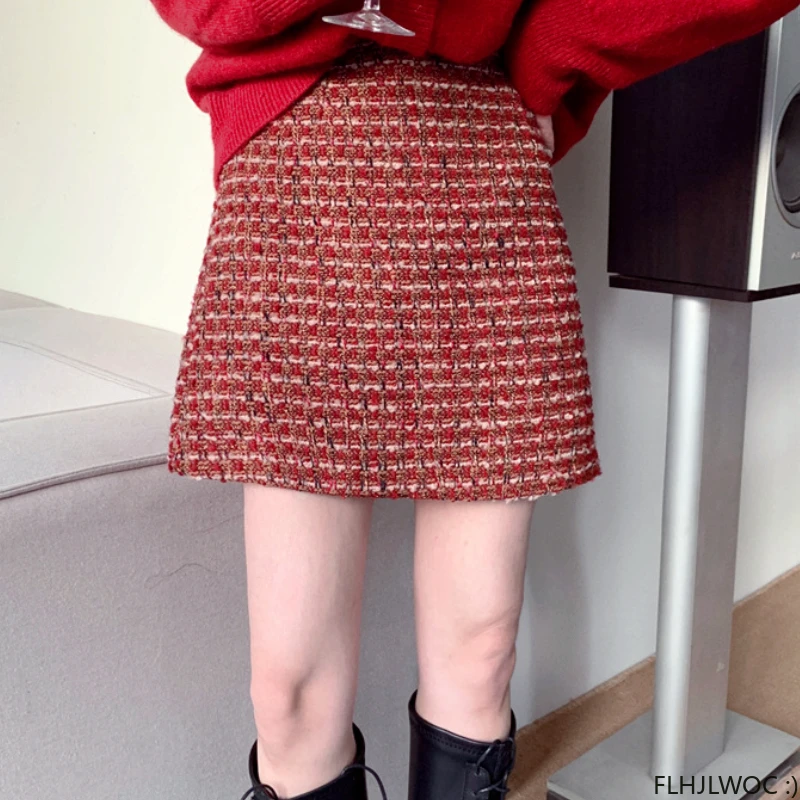 New Year Hot Sales Woman Red Plaid Skirts FLHJLWOC Design High Waist One-Step Woolen Cloth Cute Mini Skirt