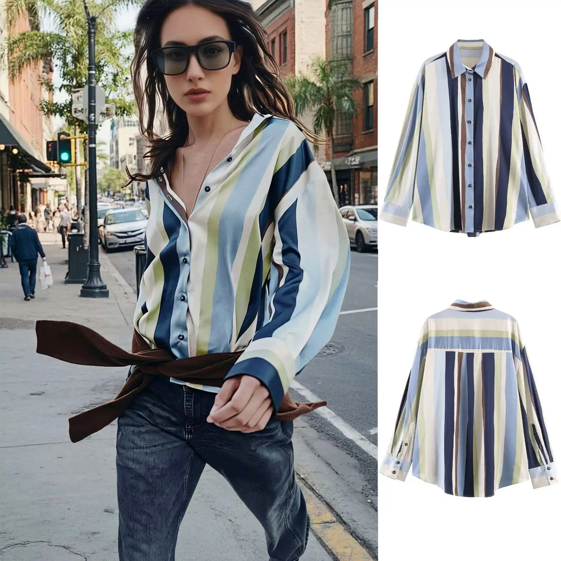 

Женская полосатая блузка из атласной ткани с длинным рукавом и отложным воротником, модная повседневная универсальная модель для весны и осени