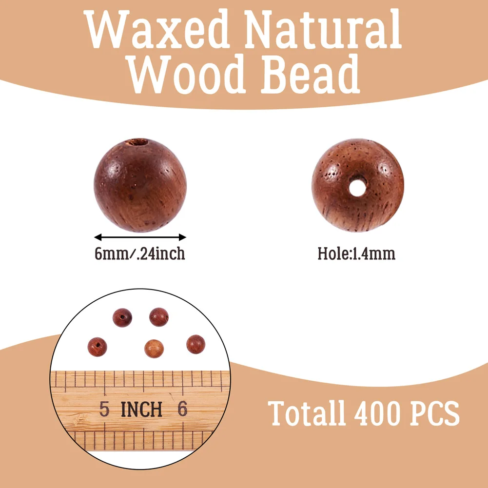 400pcs/Set 6mm Natural Scentedros Wood Beads Waxed Wooden Beads Undyed Round Loose Beads for Jewelry Making Bracelet DIY Crafts