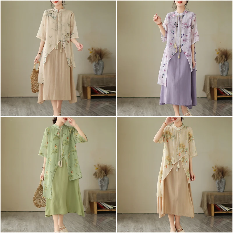 فستان صيفي جديد بتصميم صيني تقليدي للنساء ذوات المقاسات الكبيرة، تنورة ميدي بخصر عالٍ، مزيج من البوليستر، أكمام قصيرة، مطبوع