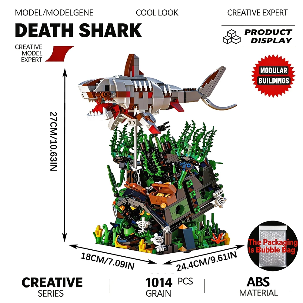 

Sunken Ghost Shark Skeleton Building Block Set Horror Ocean Creature Assembly Model Unique Desktop Display Ornament Gift For Toy