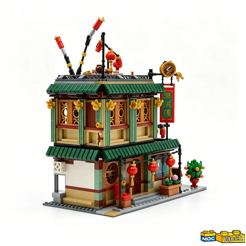 NEW 1543 Parts Traditional Chinese Style Modular Restaurant MOC Building Blocks Street View Architecture Model DIY Assembly Gift