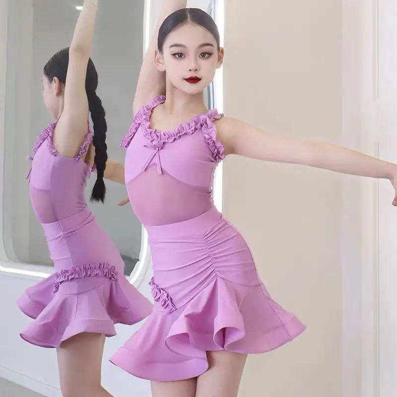 New Summer Latin Dance Suit Girls Daily Practice Suit Children's Watch Performance Suit Children's Dance Skirt Set