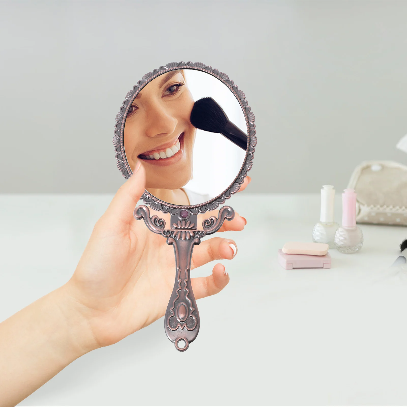 

Chic Handheld Makeup Mirror Vintage Rose Design Foldable Portable Mirror for Women Daily Use Elegant Vanity Tool