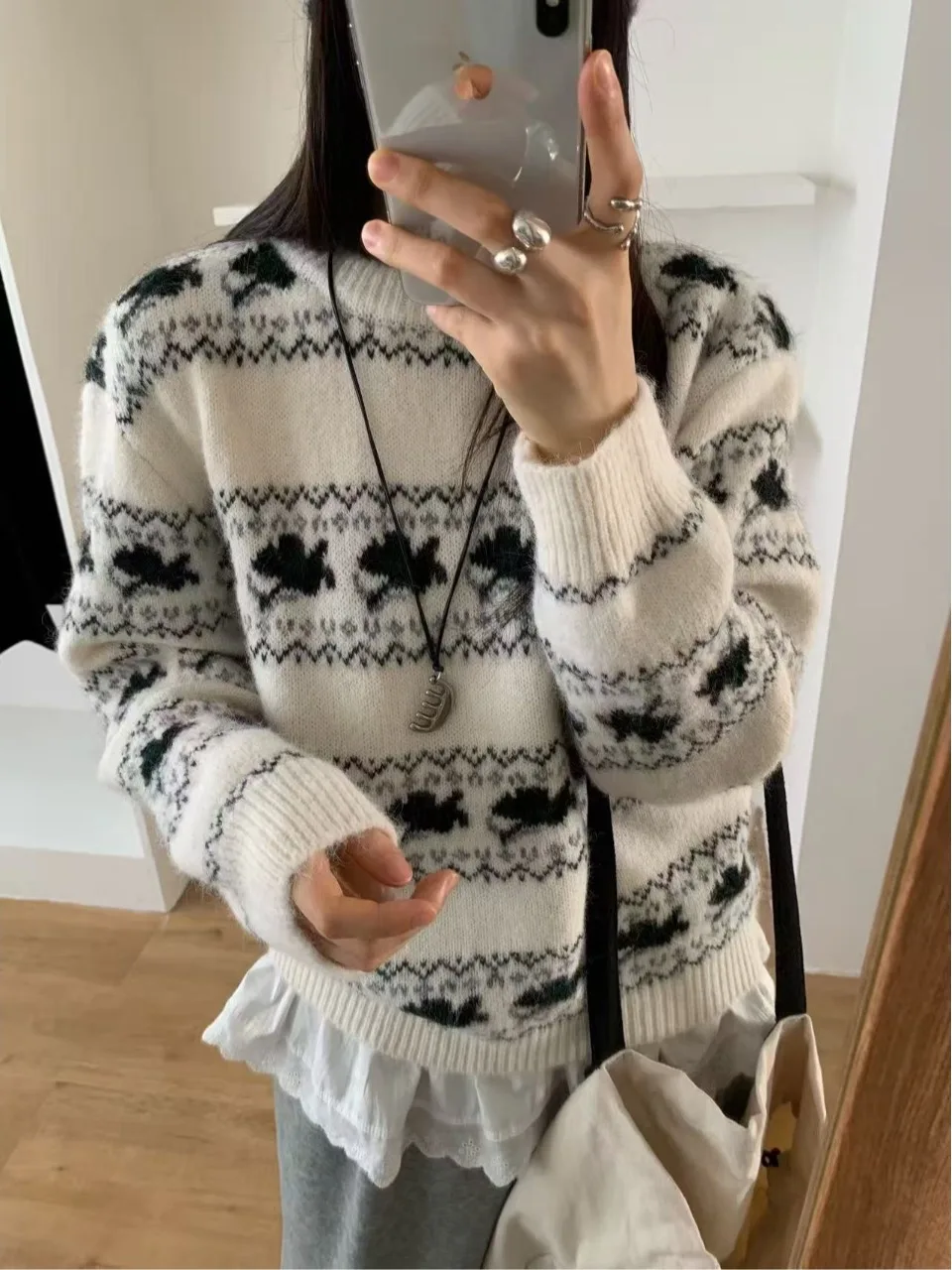 

Retro round Ne Knitted Sweater Women's Slimming Overhead Top Autumn Winter New Sle Comfortable Soft Medium Thi Long Sve