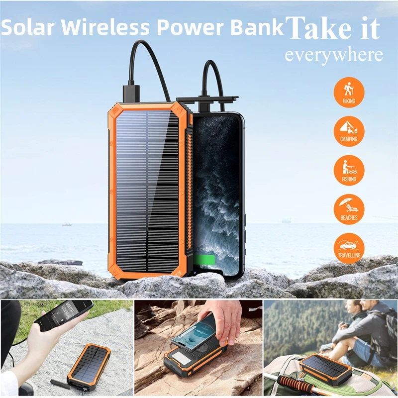 30000mAh Solar Wireless Power Bank 3 USB Port for iPhone Xiaomi Samsung PD20W Fast Charging Portable Induction Charger Powerbank