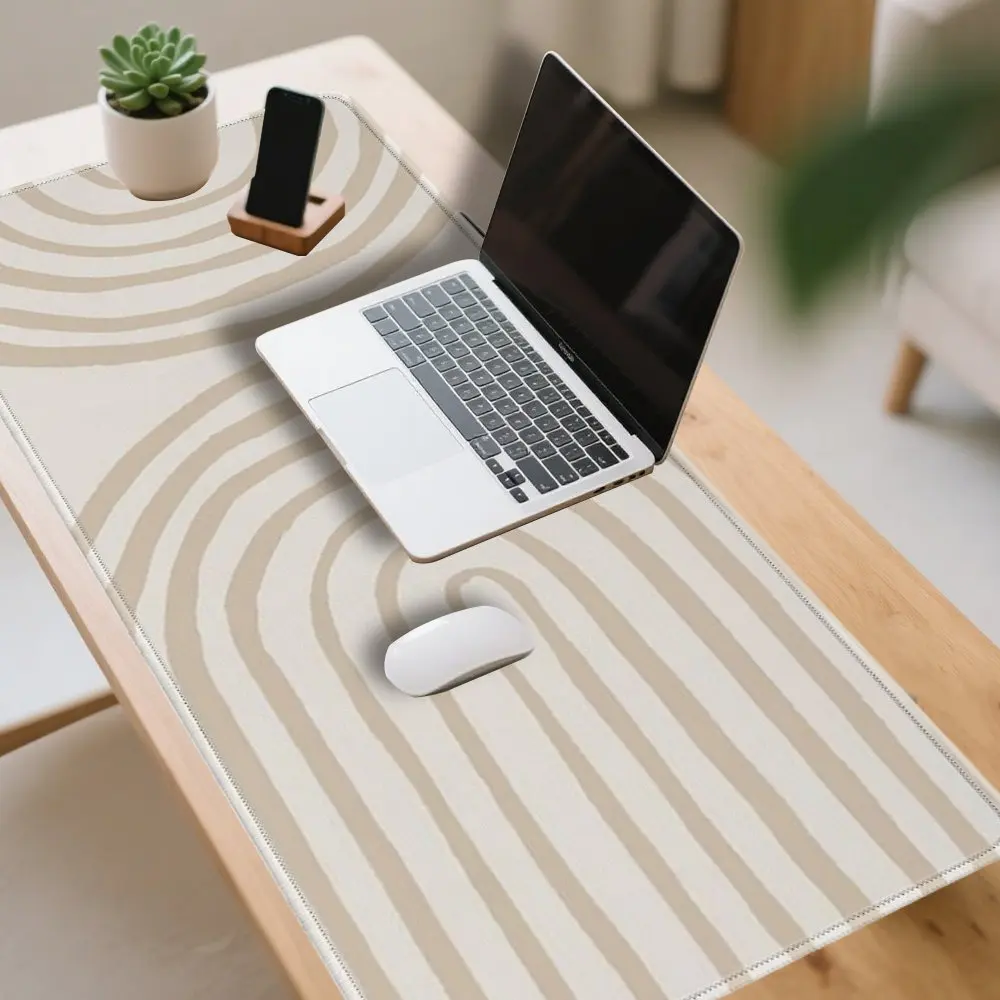 Large Gaming Desk Mats in Various Sizes, Beige White-Gray Striped Mouse Pads