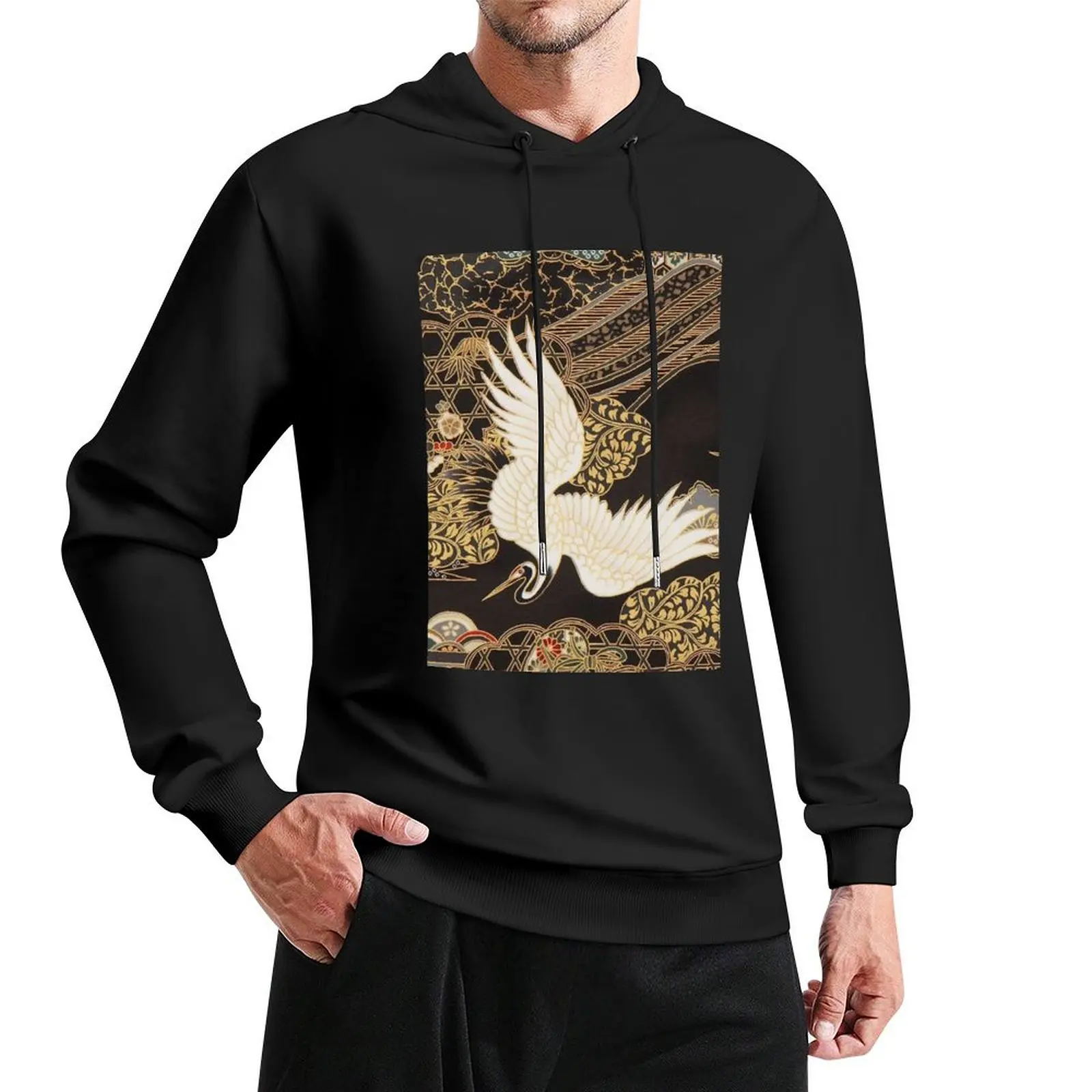 

VintageJapanese Cranes Gold and Black Pullover Hoodie graphic t shirts men hoodie man