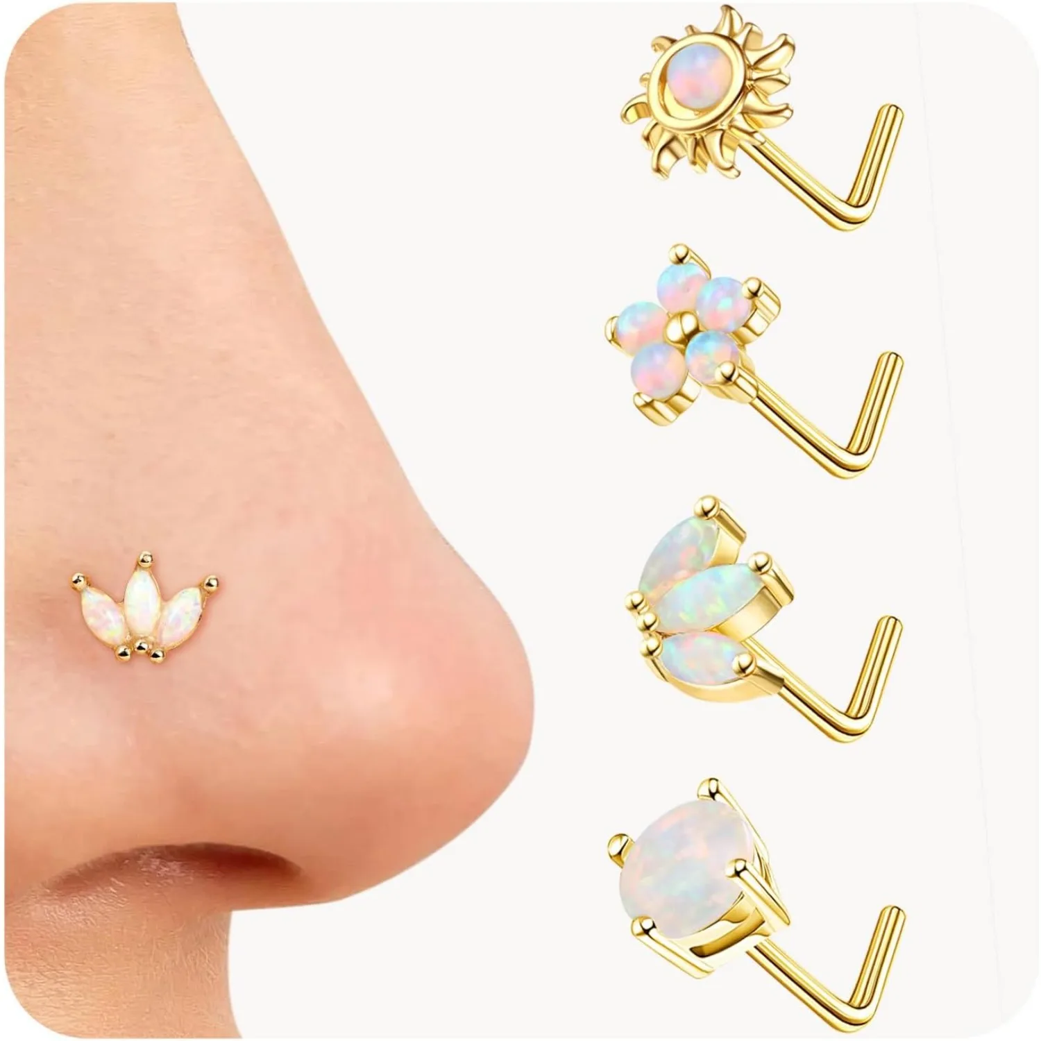 

Bobisty Nose Rings Studs Set for Women Stainless Steel L Shaped Nose Studs Opal CZ Sunflower Bee Planet Nose Piercing Jewelry