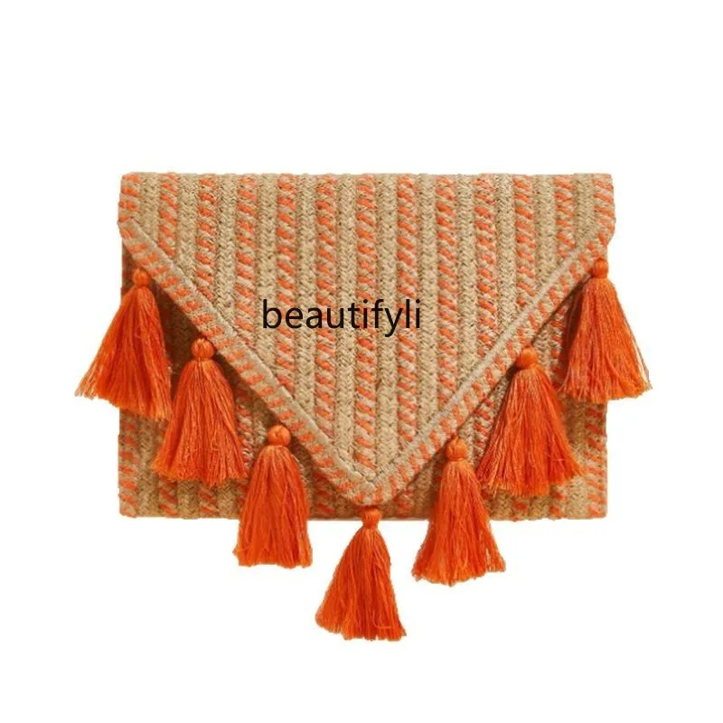 

Tassel clutch bag women's contrasting color splicing clutch bag European and American fashion cotton rope woven bag