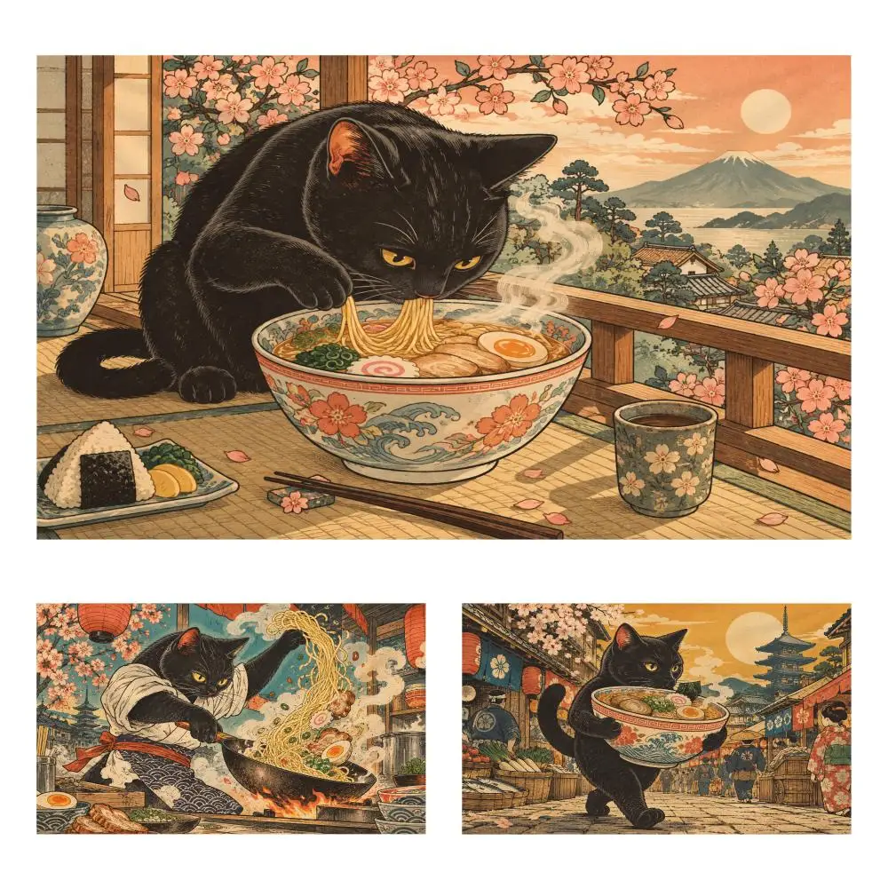 Cats Love Ramen Tapestry Durable Soft Microfiber Horizontal Wall Hanging Decor For Bedroom Patio Garden Parties