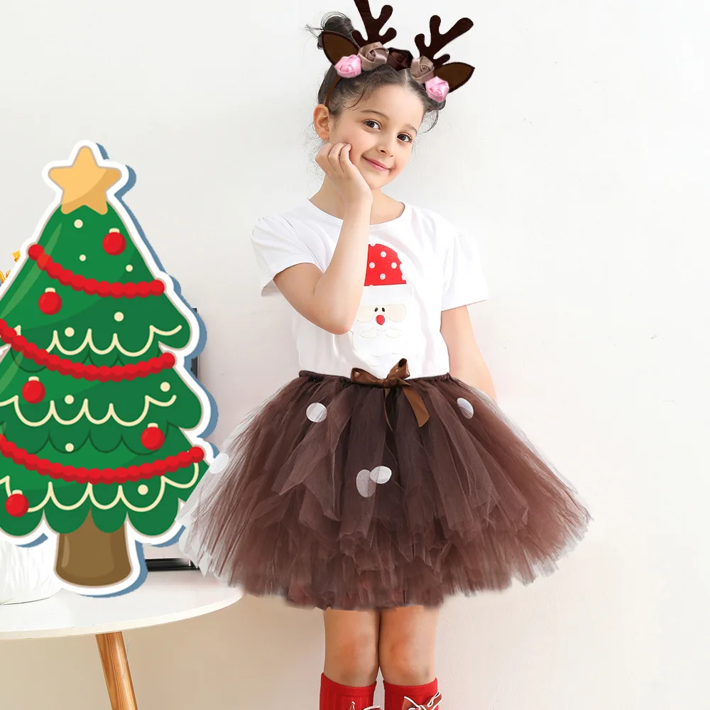 Girls Headband Christmas Deer Tutu Skirts Outfit Kids Tulle Pettiskirts Children Birthday Halloween Elk Reindeer Puffed Skirt