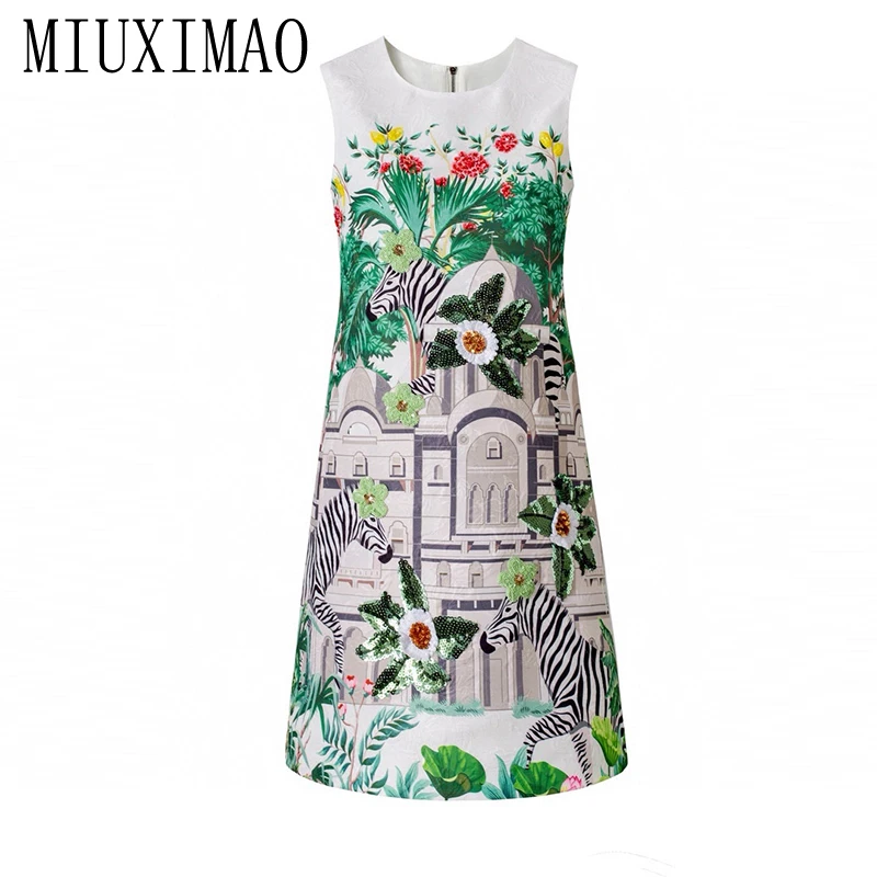 MIUXIMAO 2026 Slim Spring Summer Dress Flower Leaf  Zebra Print A-Line Mini Short Diamonds Dress Women's Vestido Fashion