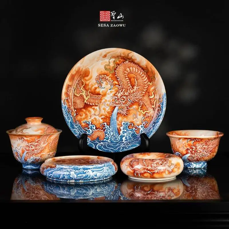 Holy Mountain Jingdezhen Hand-Painted Alum Red Dragon Water-Absorbing Chinese Handmade Ceramic Set Gaiwan Tea Cup