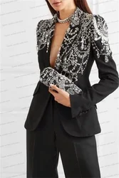 Conjunto de trajes de esmoquin de boda con cristales negros para mujer, 2 uds., Blazer, trajes de cuentas de lujo, chaqueta personalizada, vestido de graduación, abrigo