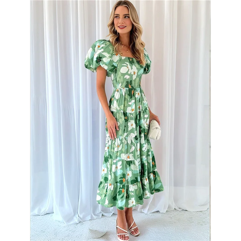 Women's Summer Casual Midi Dress Puffy Short Sleeve Square Neck Smocked Tiered Ruffle Dresses