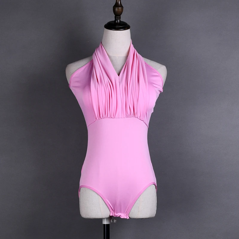 Women Latin Dance Costume Adult Halter V-neck Fold Backless Top With Chest Pad Female Sleeveless Vest Stage Dancing Clothes