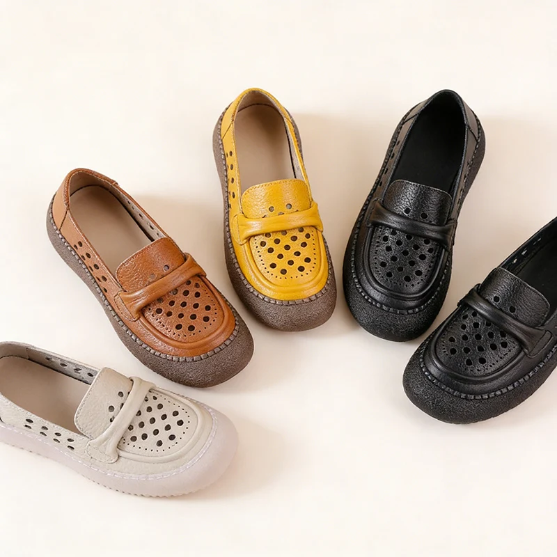 

2026 Spring Summer Breathable Genuine Leather Mother Shoes Flat Loafers Women Comfortable Slip-On Daily Wear Plus Size 41 D880