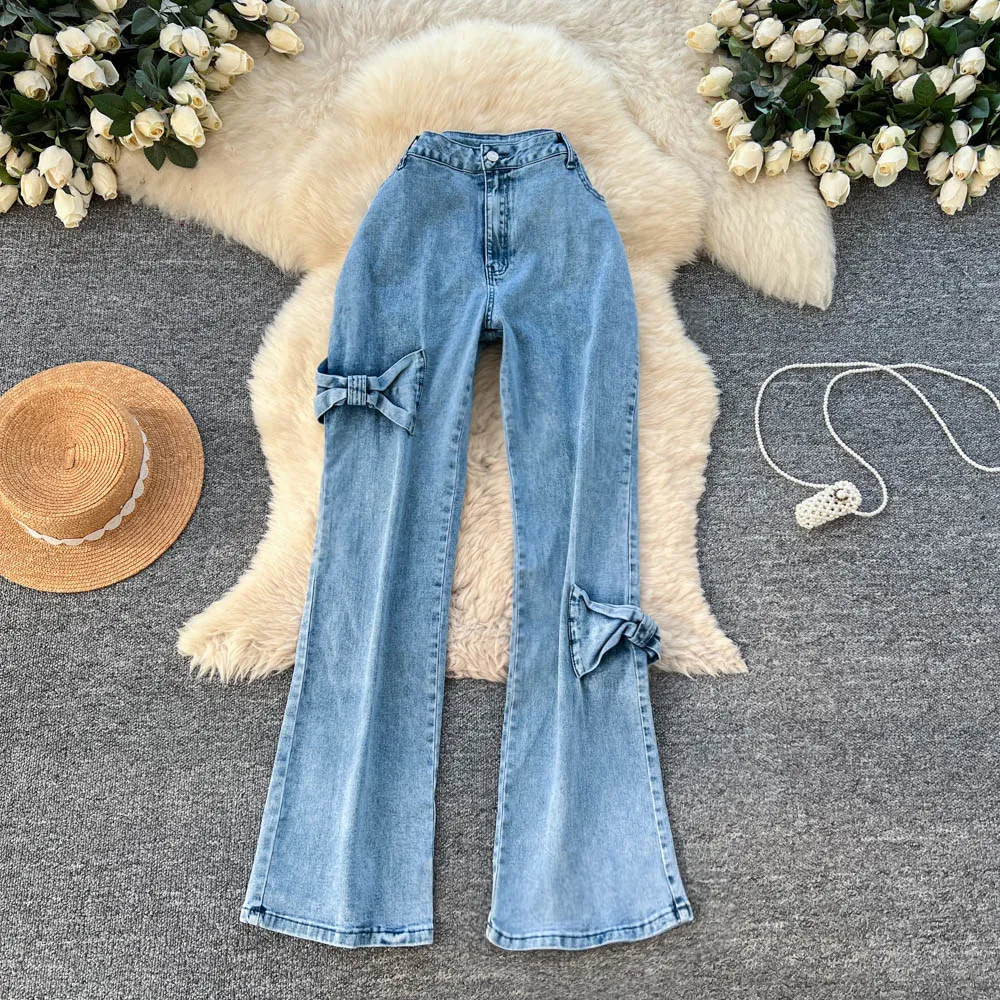 

Women Blue Slim Jeans 2026 Spring New American Style High Street Zipper Pants Bow Personalized Casual High Waist Flare Pants