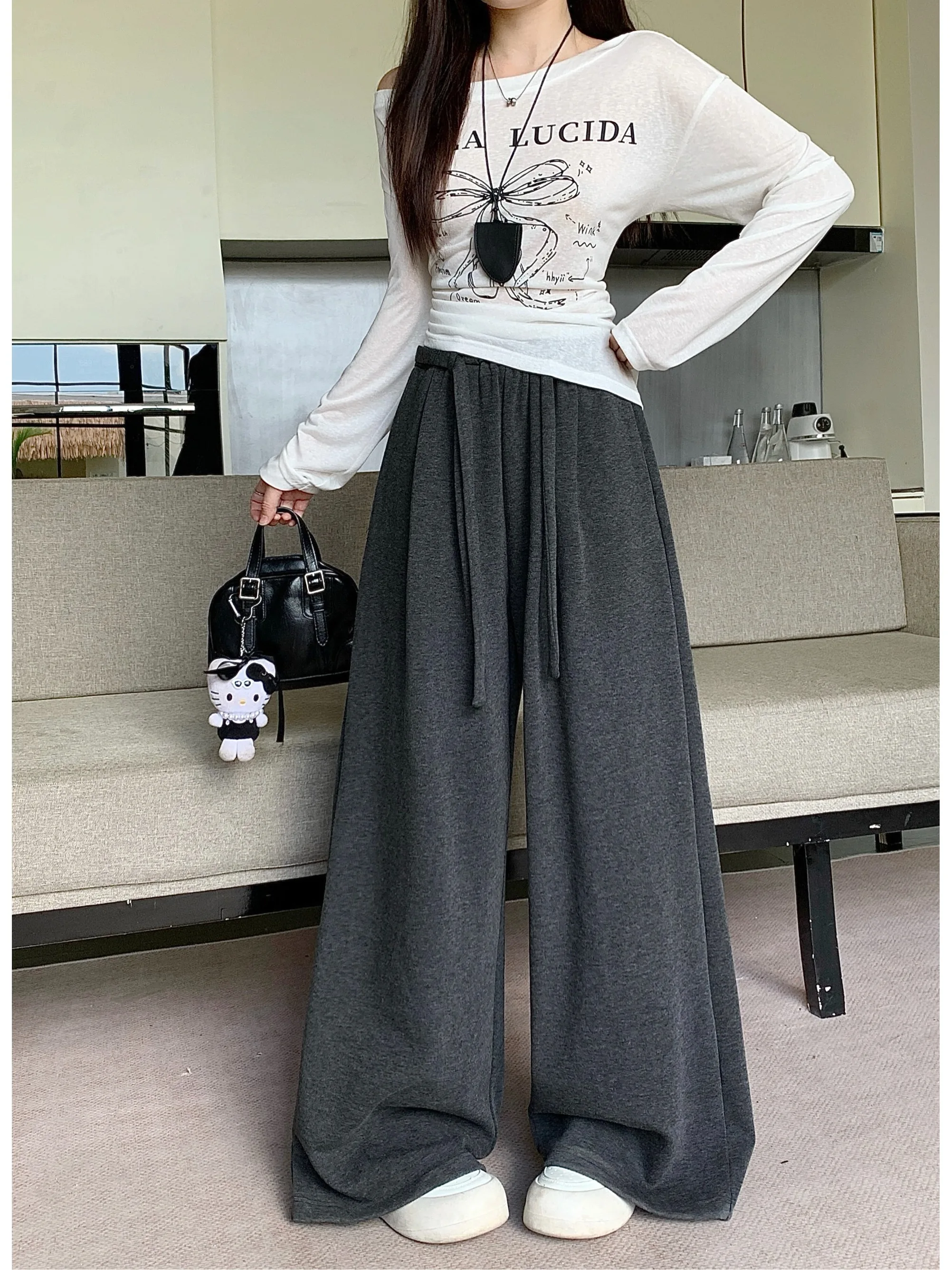 

plus Size Women's Casual High Waist Wide Leg Pants Thickened Straight Cut Loose Slimming Long Trousers Autumn Winter New Style