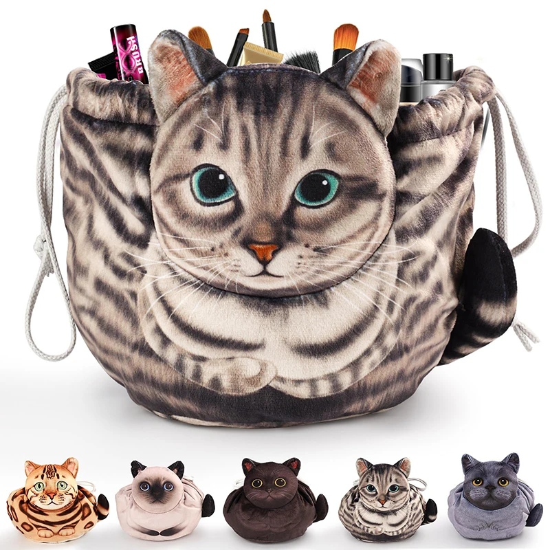 Cute Cat Makeup Bag Drawstring Closure 3D Cat Head Design Flat Cosmetic Pouch Gift for Women Cat Lovers Travel Organizer Bag