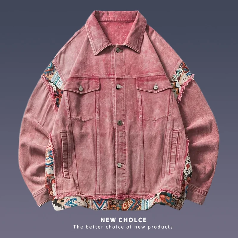 

American Vintage Jacket Embroidery Spliced Pink Denim Coat Men Women Casual Couple Top Spring Autumn Denim Jacket Men Clothing