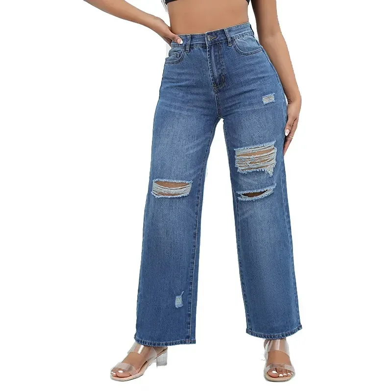 2023 Women's Draping Straight Leg Mid Waist Stretch Hole Denim Trousers Button Pocket Jeans Boutique Wholesale