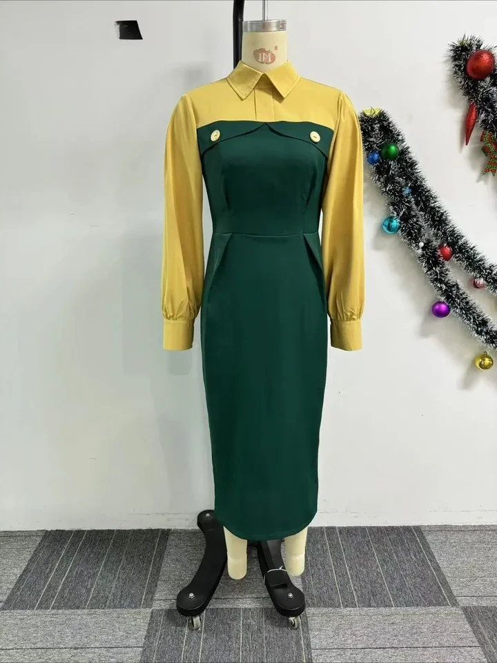 Fashion Women Long Sleeve Turn-down Collar Shirt Maxi Dress  African OL Work Night Club Party Street Long Dresses