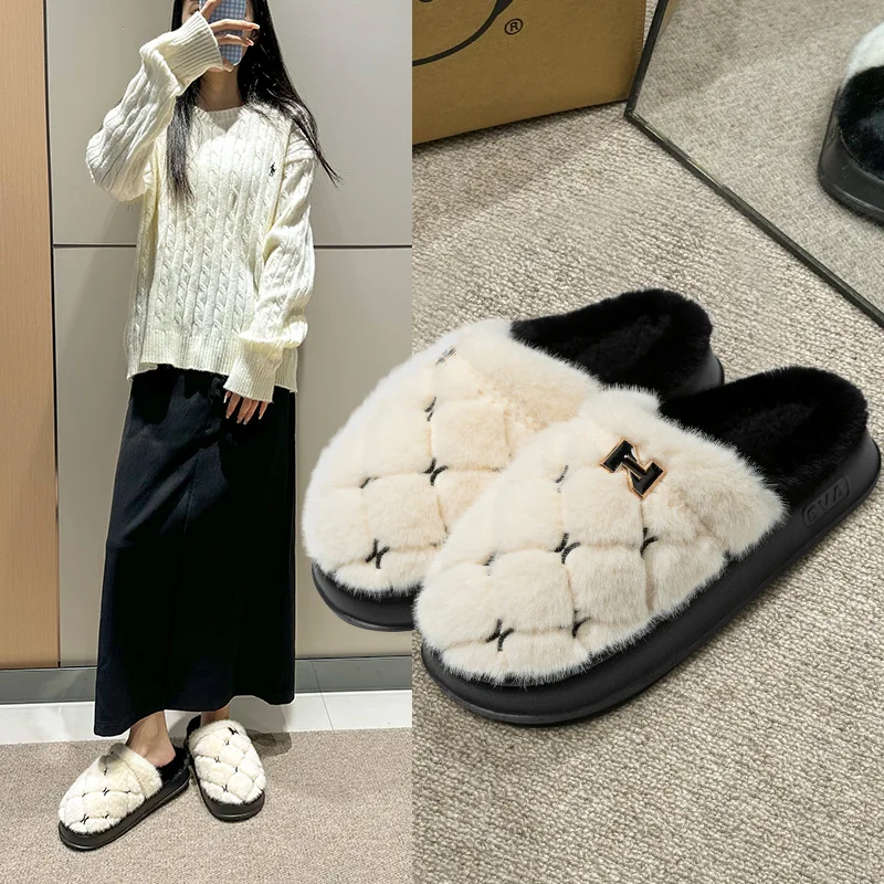 

2024 Winter New EVA Thick-soled Light Luxury Small Fragrant Cotton Slippers Women's Fluffy Cotton Shoes Warm Home Outdoor