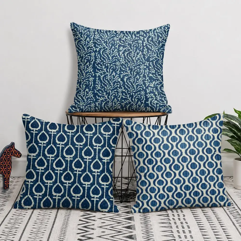 Indigo Dabu Style Simplicity Cushion Cover Silky Short Plush Invisible Zipper Dustproof Sofa Pillow Case For Home Decor