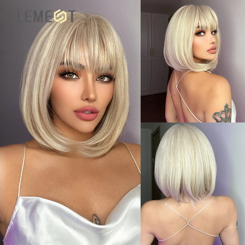 

ELEMENT 2022 Synthetic Wig Medium Bob Hair White Blonde Wigs with Bangs for Women Daily Party Heat Resistant Breathable Headband