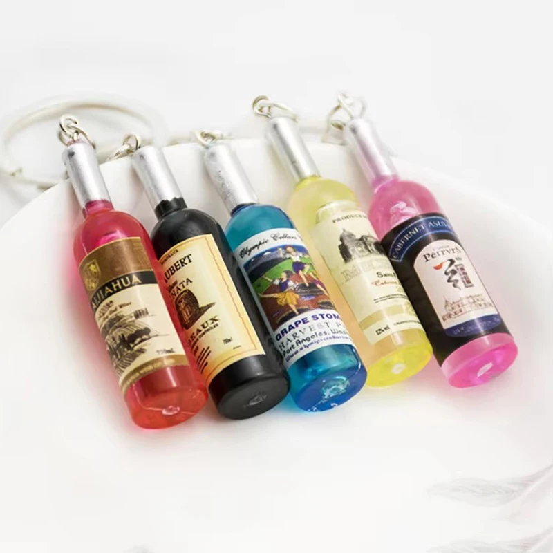 Simulation Resin Beer Wine Bottle Keychain for Women Men Fashion Car Trinket Keyring Bag Pendant Key Holder Accessions Gift ﻿
