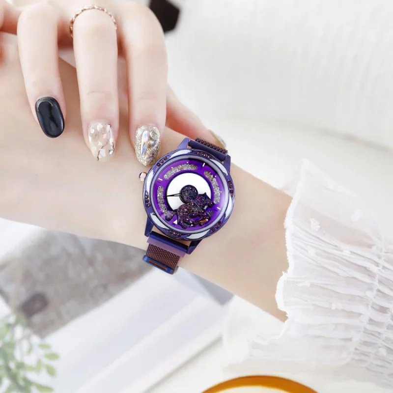 Women's Fortune-Turning Fashion Waterproof Diamond-Studded Rotating Elegant Magnetic Mesh Strap Watch
