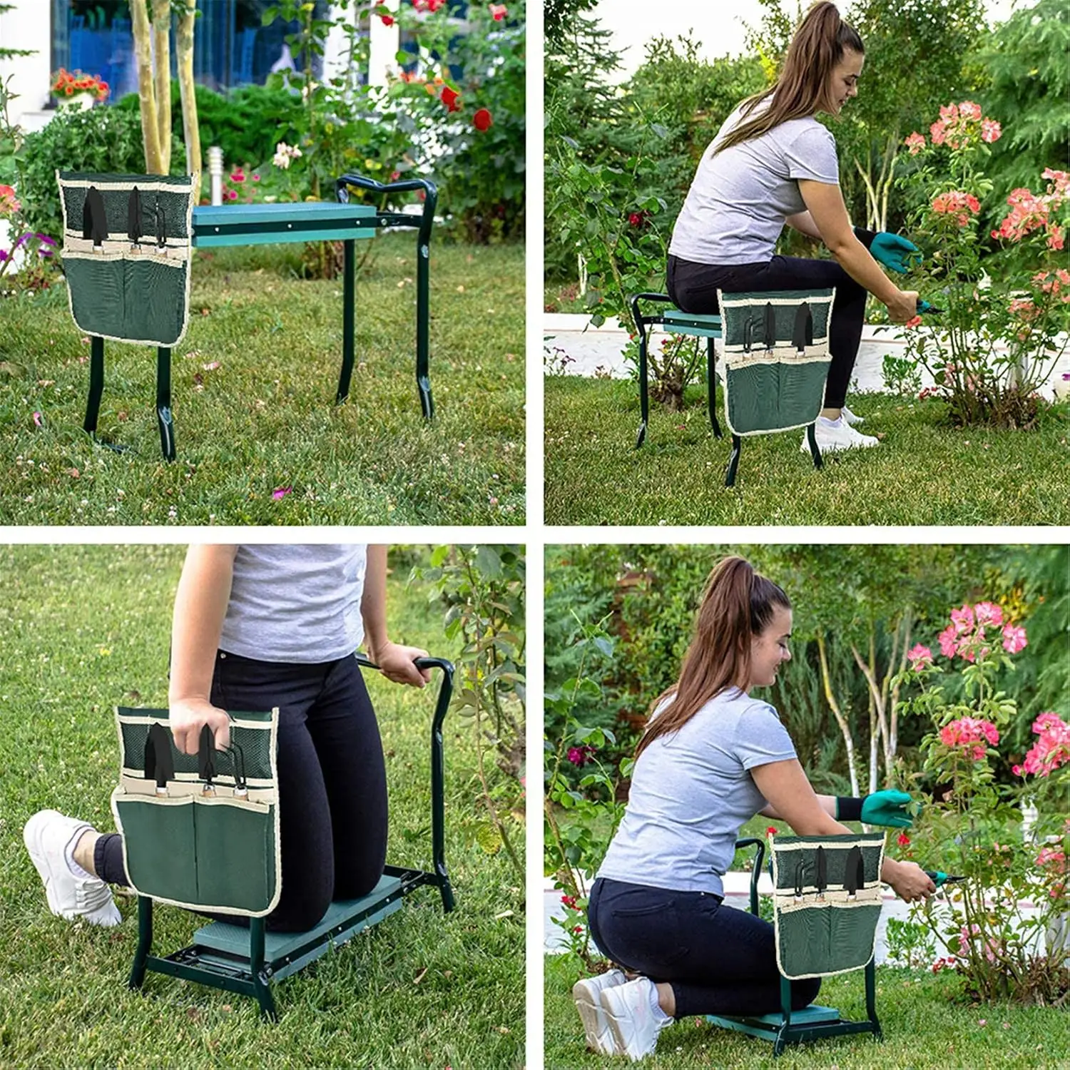 Foldable Garden Kneeler & Bench Seat, Cushion Seat w/ Tool Pouch & Kneeling Pad
