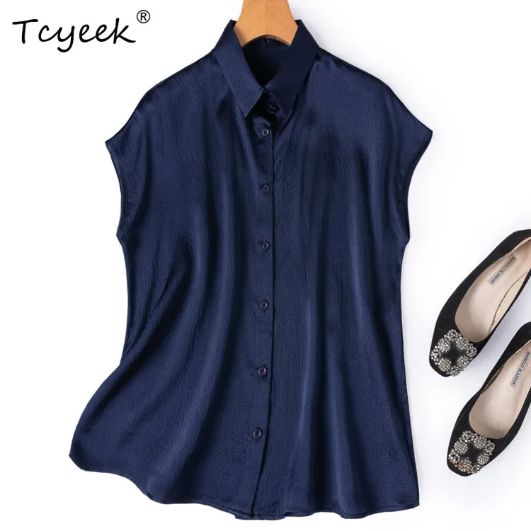 Tcyeek 100% Real Silk Blouse Women 20MM Silk Female Clothes 2026 Summer Breathable POLO Collar Short-Sleeved Shirt Chemise Femme