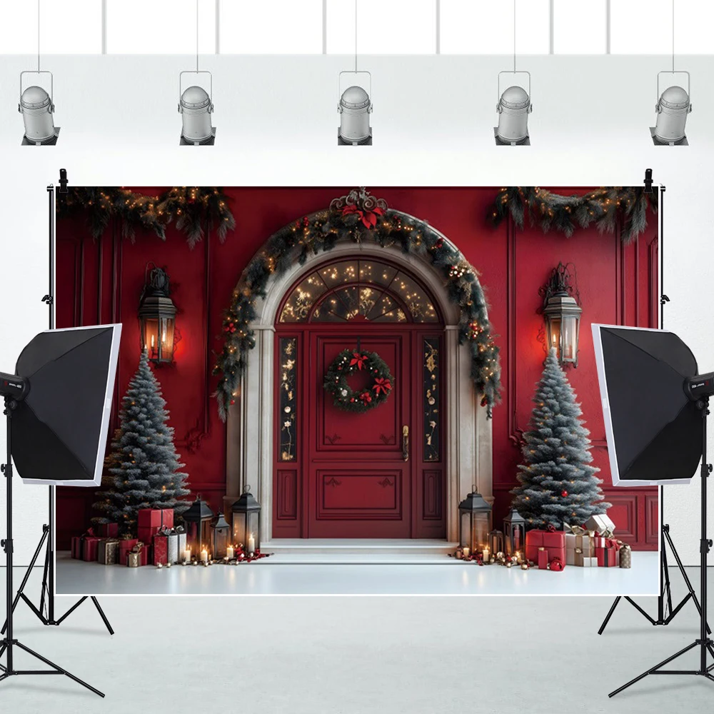 Christmas Backgrounds for Photographs Vintage Red House Xmas Tree Bells Gifts Indoor Decor Kids Family Portrait Photo Backdrop