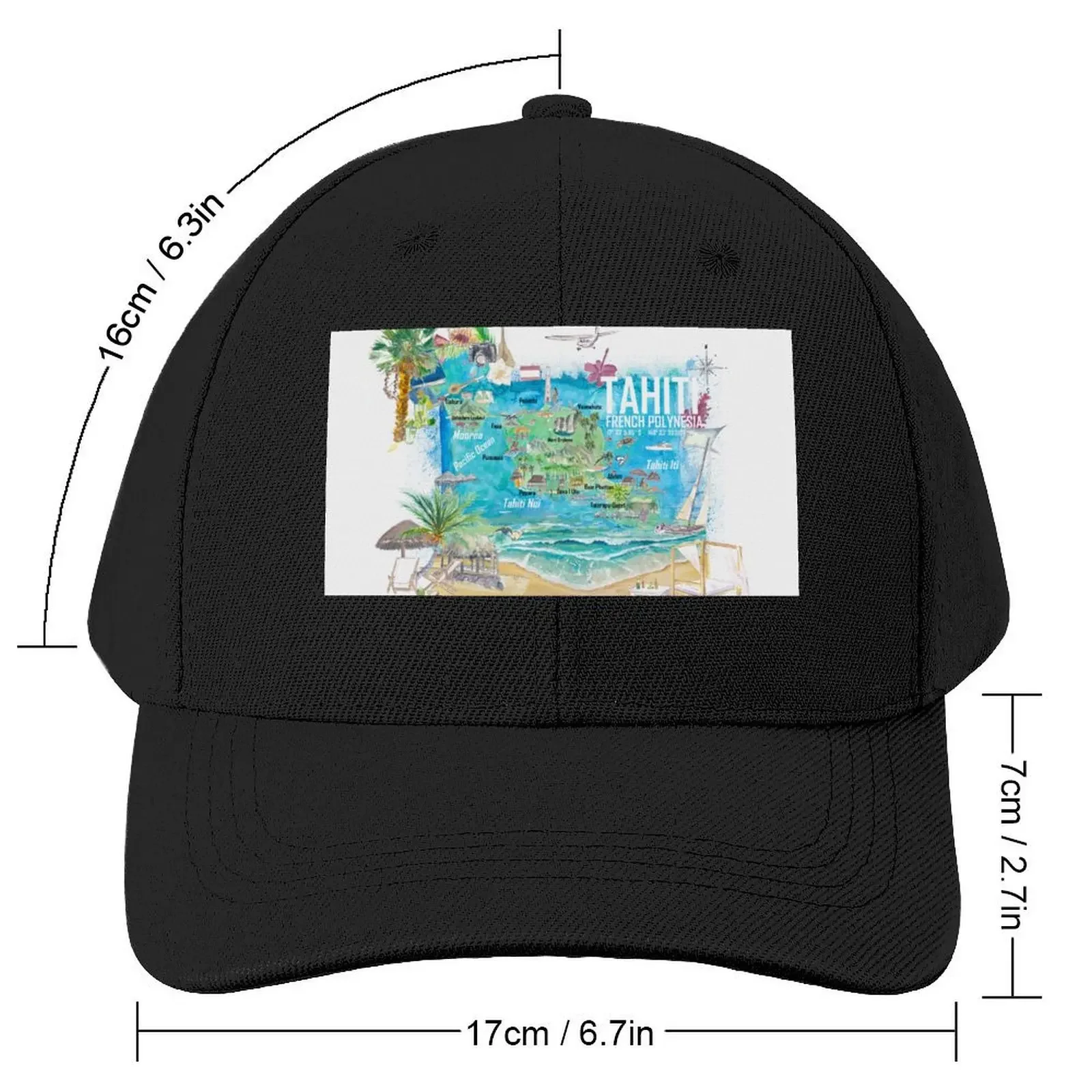 Tahiti Illustrated Travel Map with Roads and Highlights Baseball Cap Golf Wear Sunhat Elegant Women's Hats Men's