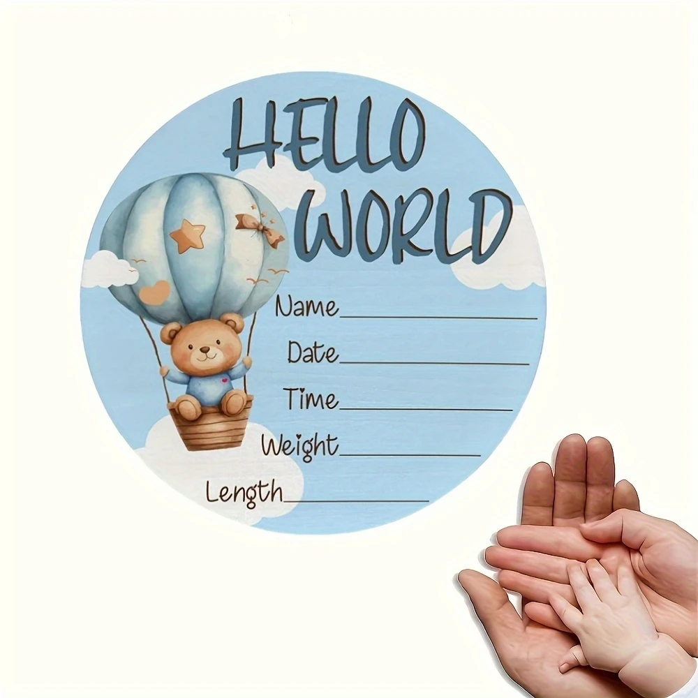 1pc Wooden Birth Announcement Sign "Hello World" Theme with Customizable Fields for Photo Prop for New Mother Shower Nursery Dec