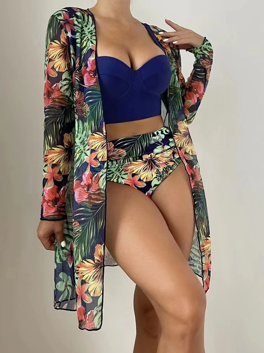 Sexy 3 Piece Bikini Set 2023 Women Cover Up Swimwear Female Tropical Printed Swimsuit Push Up Beachwear Long Sleeve Bathing Suit