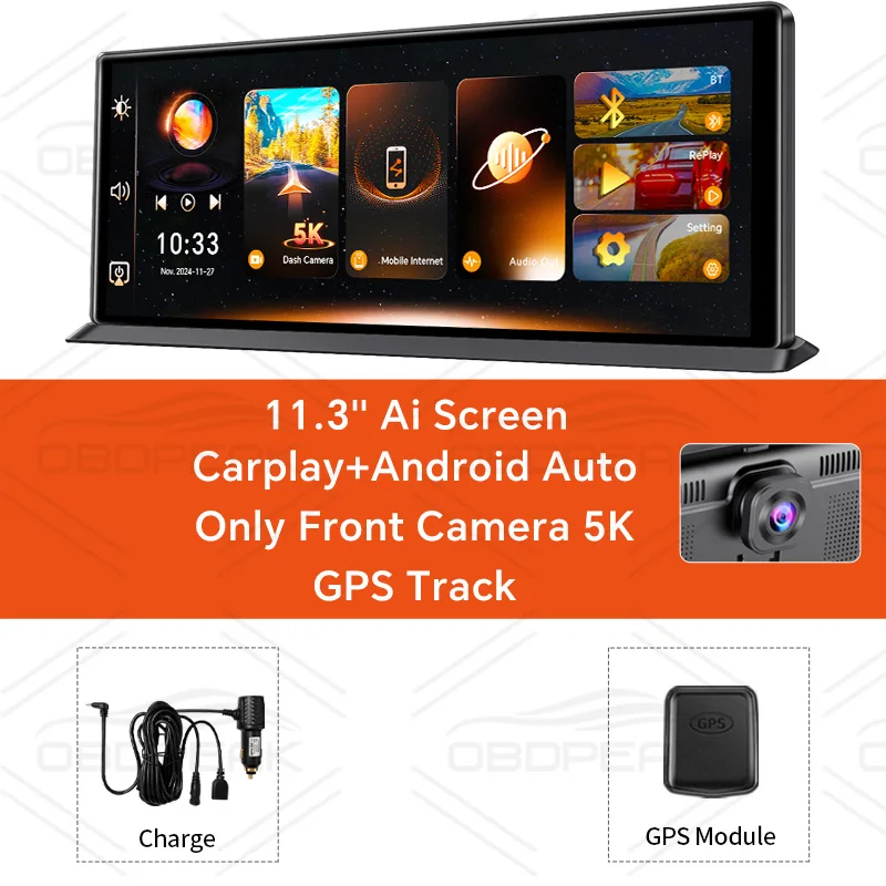 OBDPEAK K8 Pro Voor 5K Achter 1080P Dash Cam Camera 11,3 "Touch Ai Scherm Carplay & Android Auto GPS Navigatie Nachtzicht DVR - afbeelding 1