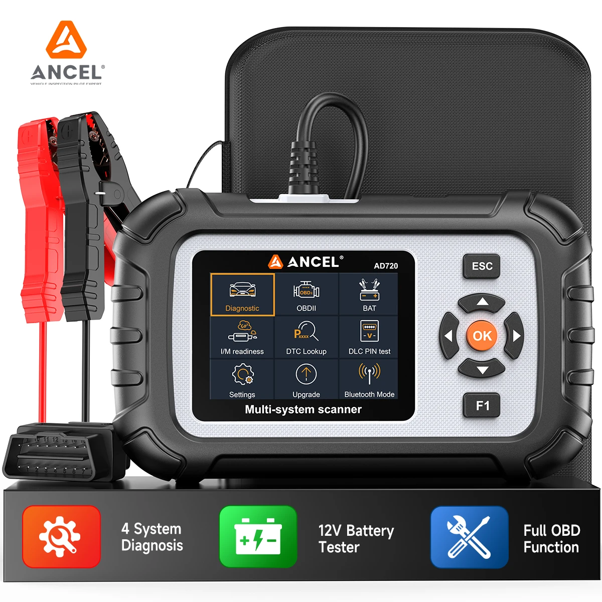 

ANCEL AD720 OBD2 Scanner ABS SRS Engine Transmission Scanner Code Reader Battery Tester Scanner 4 System Diagnostic Tool