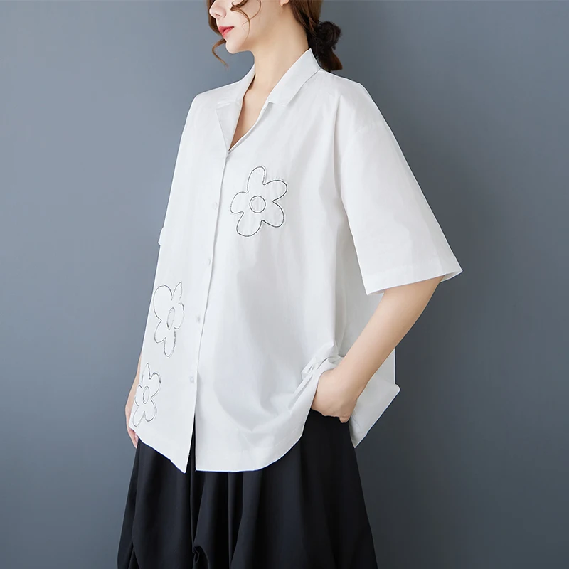 Retro Bla Embroidered irt ort Sve Cuban Collar Design Loose Fit Women's Summer Top for plus Size MM Cotton Blend