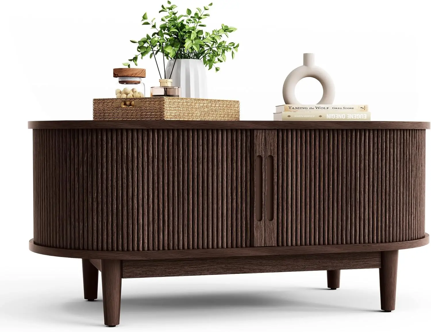 Oval Coffee Table, Wood Coffee Table with Storage, Fluted Accent Center Table with Sliding Tambour Door, 39